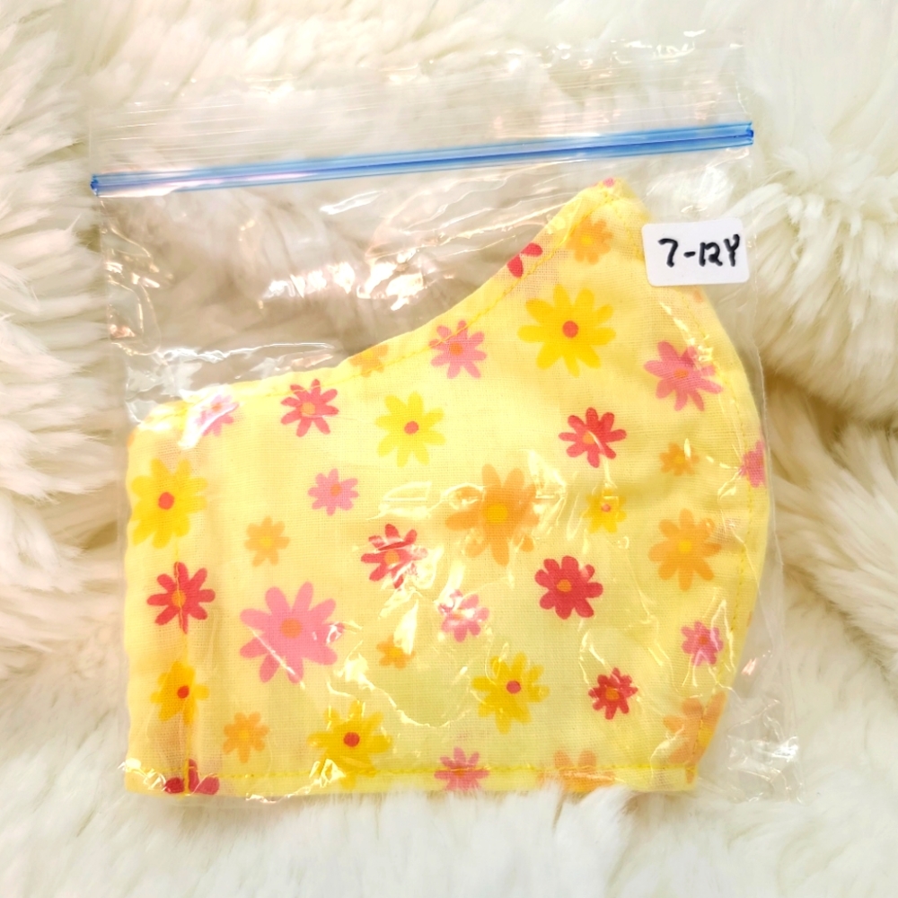 Mask, Youth size 7-12, yellow w/pink, yellow, red & orange flowers, 100% cotton